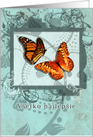 vsetko najlepsie,happy birthday in Slovak,slovak birthday card, orange butterflies and swirls card