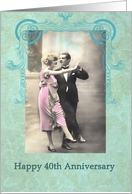 happy 40th wedding anniversary, vintage dancing couple, pink and turquoise card