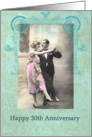 happy 30th wedding anniversary, vintage dancing couple, pink and turquoise card