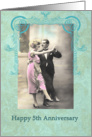 happy 5th wedding anniversary, vintage dancing couple, pink and turquoise card