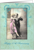 happy 17th wedding anniversary, vintage dancing couple, pink and turquoise card