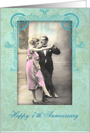 happy 7th wedding anniversary, vintage dancing couple, pink and turquoise card