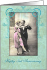 happy 3rd wedding anniversary, vintage dancing couple, pink and turquoise card