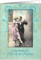 happy wedding anniversary, niece and husband,vintage dancing couple, pink and turquoise card