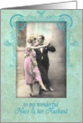 happy wedding anniversary, niece and husband,vintage dancing couple, pink and turquoise card