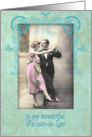 happy wedding anniversary, parents-in-law,vintage dancing couple, pink and turquoise card