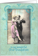 happy wedding anniversary, great grandparents,vintage dancing couple, pink and turquoise card