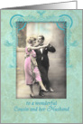 happy wedding anniversary, cousin and husband,vintage dancing couple, pink and turquoise card