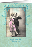 happy wedding anniversary, godparents,vintage dancing couple, pink and turquoise card