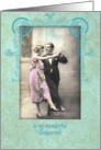 happy wedding anniversary, godparents,vintage dancing couple, pink and turquoise card
