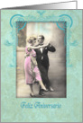 feliz aniversario, spanish wedding anniversary, vintage dancing couple, pink, turquoise card