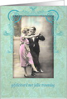 gefeliciteerd met jullie trouwdag,dutch anniversary, vintage dancing couple, pink, turquoise card