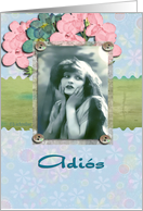 adios,spanish good bye,farewell,Yo te extraare,I will miss you, vintage girl, pink flowers,cute, card