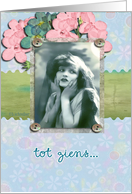 tot ziens,dutch, good bye,farewell,Ik zal je missen,I will miss you, vintage girl, pink flowers,cute, card