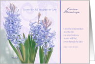 to my son & daughter-in-law, easter blessings, blue crocus flower, christian happy easter card, John 11:25 card