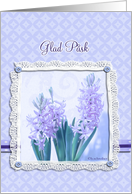 glad pask, happy easter in Swedish, blue crocus flower,3-d-lace effect, card