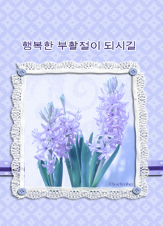 happy easter in Korean, blue crocus flower,3-d-lace effect,