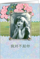 I am sorry in chinese,vintage,flowers card