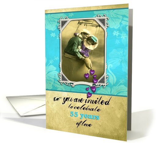 invitation wedding anniversary, 55th, vintage, gold and turqoise card