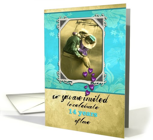 invitation 14th wedding anniversary, vintage, gold and turqoise card