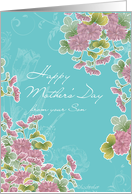 from son to Mom,happy mother’s day, pink chrysanthemum flowers, turqoise card