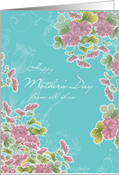 from all of us,happy mother’s day, pink chrysanthemum flowers, turqoise card