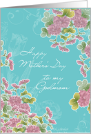 to my Godmom, happy mother’s day card, pink chrysanthemum flowers, turqoise card