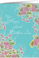 happy first mother’s day card, pink chrysanthemum flowers, turqoise card