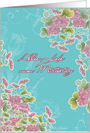 happy mother’s day in German, alles Liebe zum Muttertag,pink chrysanthemum flowers, turqoise card