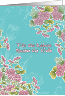 happy mother’s day in German, fr die liebste Mutter der Welt,pink chrysanthemum flowers, turqoise card