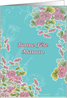 happy mother’s day in French, bonne fte maman,pink chrysanthemum flowers, turqoise card