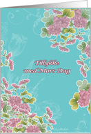 happy mother’s day in Danish,tillykke med mors dag,pink chrysanthemum flowers, turqoise card