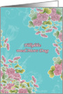happy mother’s day in Danish,tillykke med mors dag,pink chrysanthemum flowers, turqoise card