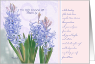 to my niece and family, happy easter, christian easter card, blue hyacinth card