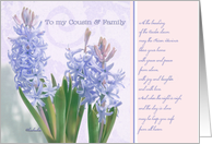 to my cousin and family, happy easter, christian easter card, blue hyacinth card