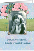 greetings from happyville, drama and suspense, vintage card