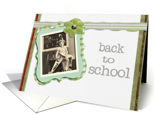 back to school, vintage girl, green, 3d-ribbon and flower effect card