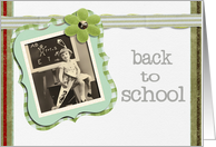 back to school, vintage girl, green, 3d-ribbon and flower effect card