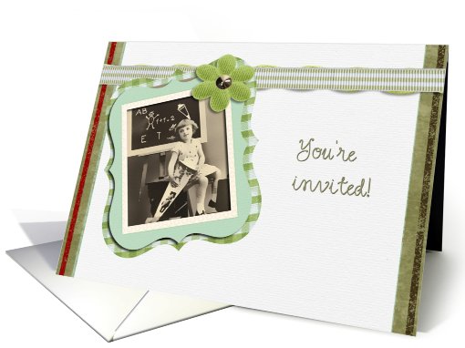 Back to school invitation, vintage girl, green, 3d-ribbon... (795331)
