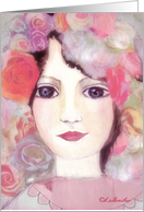 mixed-media portrait girl with flowers in her hair card