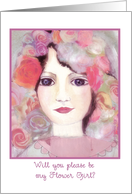 Please be my Flower Girl, mixed-media portrait girl with flowers in her hair card