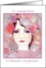 to a wonderful friend, please be my Flower Girl, girl with flowers in her hair card