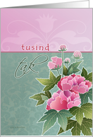 tusind tak , thank you very much in Danish, peonies card