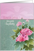thank you for your hospitality, peonies on pink and green background card