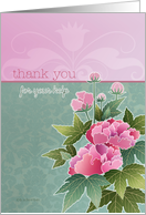 thank you for your help, peonies on pink and green background card