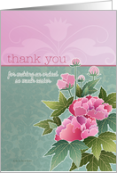 Thank you for making Cancer ordeal easier, peonies on pink & green card