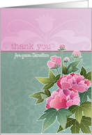 thank you for your donation, peonies on pink and green background card