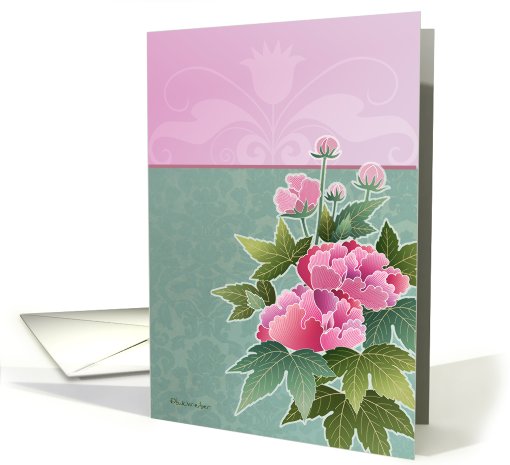 peonies on pink and green background, blank card (810921)