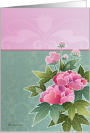 peonies on pink and green background, blank card