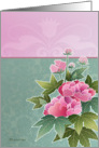 peonies on pink and green background, blank card